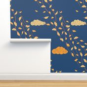 Windy Autumn yellow  flying leaves on blue / navy blue - large scale