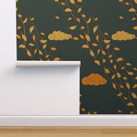 Windy Autumn yellow  flying leaves on blue / navy blue - large scale