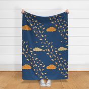 Windy Autumn yellow  flying leaves on blue / navy blue - large scale