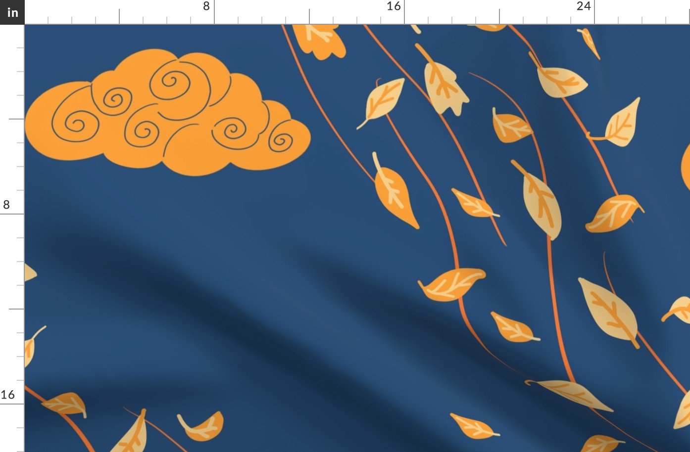 Windy Autumn yellow  flying leaves on blue / navy blue - large scale