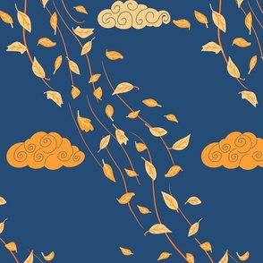 Windy Autumn yellow  flying leaves on blue / navy blue - medium scale