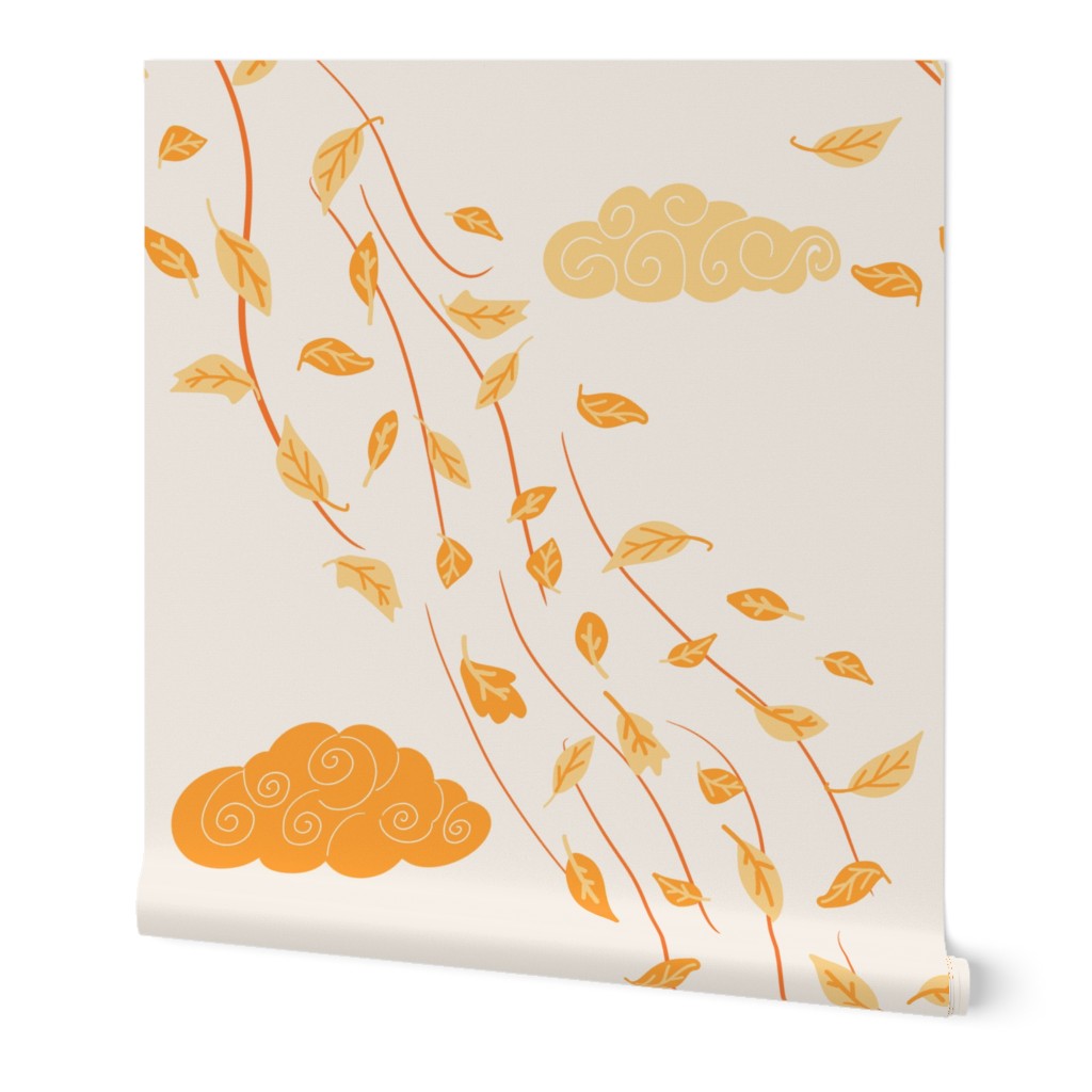 Windy Autumn yellow  flying leaves on cream / off-white - large scale