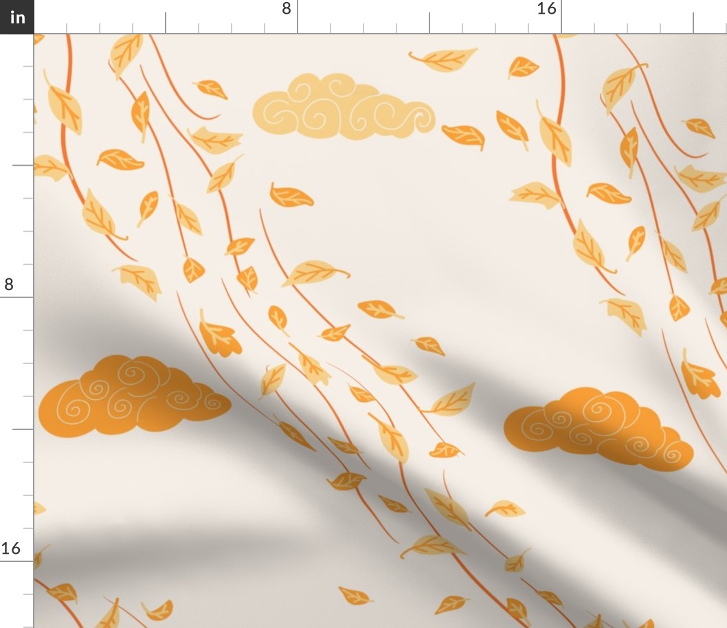 Windy Autumn yellow  flying leaves on cream / off-white - medium scale