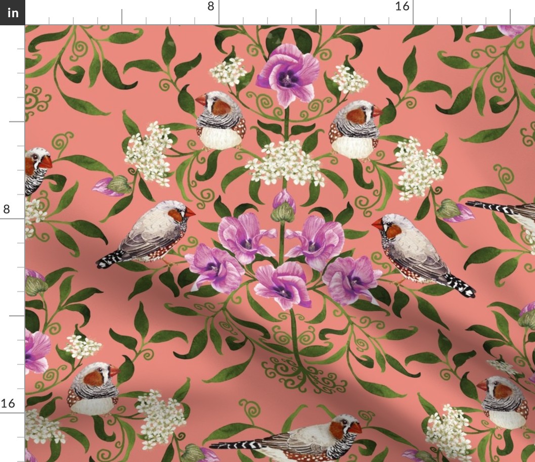 Australia desert rose and zebra finches decorative damask, colorful and intricate on coral pink large scale