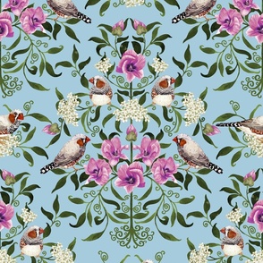 Bright birds and flower botanical intricate Arts and Crafts damask pattern for wallpaper and fabric on soft light blue, large scale