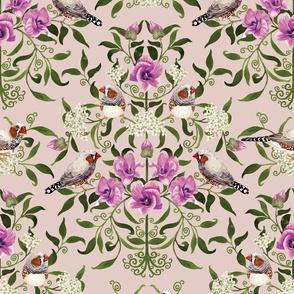 Bright birds and flower botanical intricate damask pattern for wallpaper and fabric on peach blush, large scale