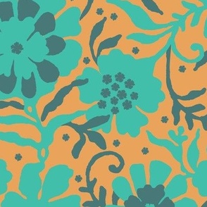 Floral naivety, Turquoise flowers on an orange background