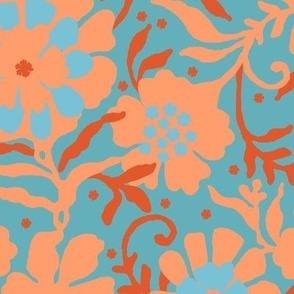 Floral naivety, Orange flowers on a dark turquoise background