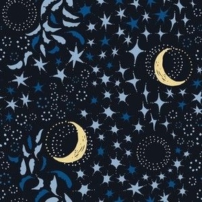 Moon Among the Stars - Small Scale - Blues with Yellow Moon - night sky constellations