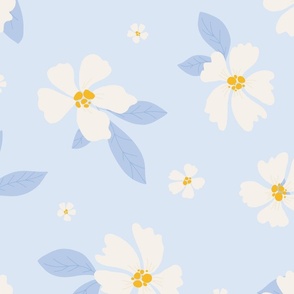 Blue and white blooms on light blue background
