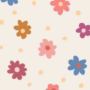 282 -  jumbo scale Scattered Daisy field with  orange, pink and blue floral on warm cream background - for kids apparel, cute kids dresses and leggings, nursery wallpaper, nursery bed linen, kids decor, kids cotton floral sheet sets, pjs, patchwork 
