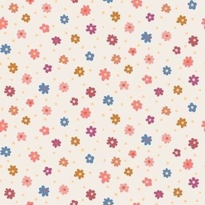 282 -  small scale Scattered Daisy field with  orange, pink and blue floral on warm cream background - for kids apparel, cute kids dresses and leggings, nursery wallpaper, nursery bed linen, kids decor, kids cotton floral sheet sets, pjs, patchwork 