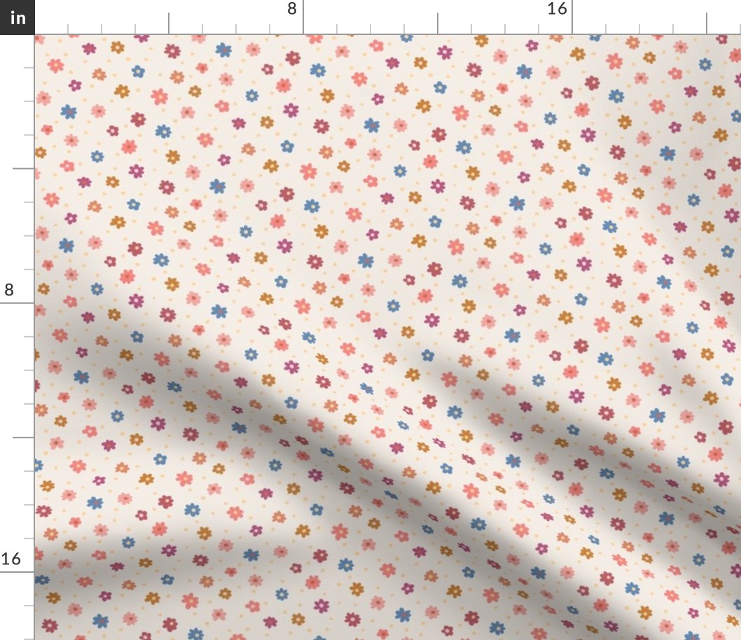 282 -  small scale Scattered Daisy field with  orange, pink and blue floral on warm cream background - for kids apparel, cute kids dresses and leggings, nursery wallpaper, nursery bed linen, kids decor, kids cotton floral sheet sets, pjs, patchwork 