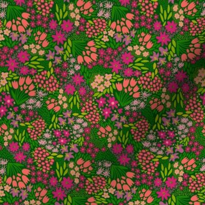 Magical Meadow Calico, Magenta and Coral on Grass Green