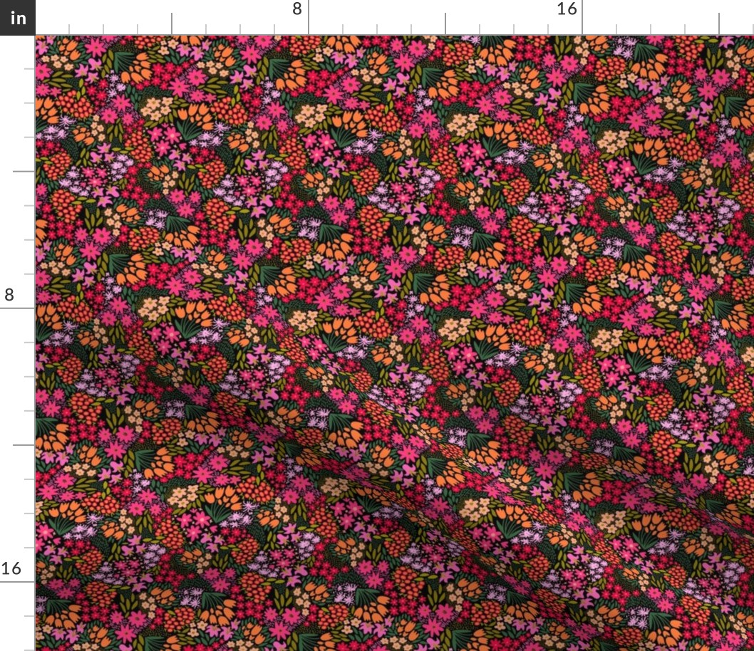 Magical Meadow Calico, Hot Pink on Black