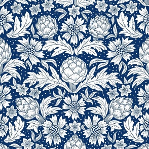 Victorian artichoke fabric, wallpaper white and navy WB22