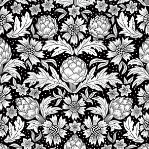Victorian artichoke fabric,wallpaper white and black WB22