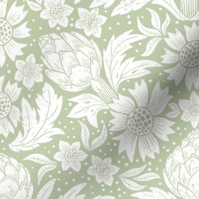 Victorian artichoke fabric, wallpaper white and coriander WB22