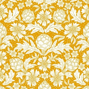 Victorian artichoke fabric,wallpaper white and mustard yellow WB22