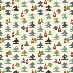Christmas gnomes and trees on beige - small