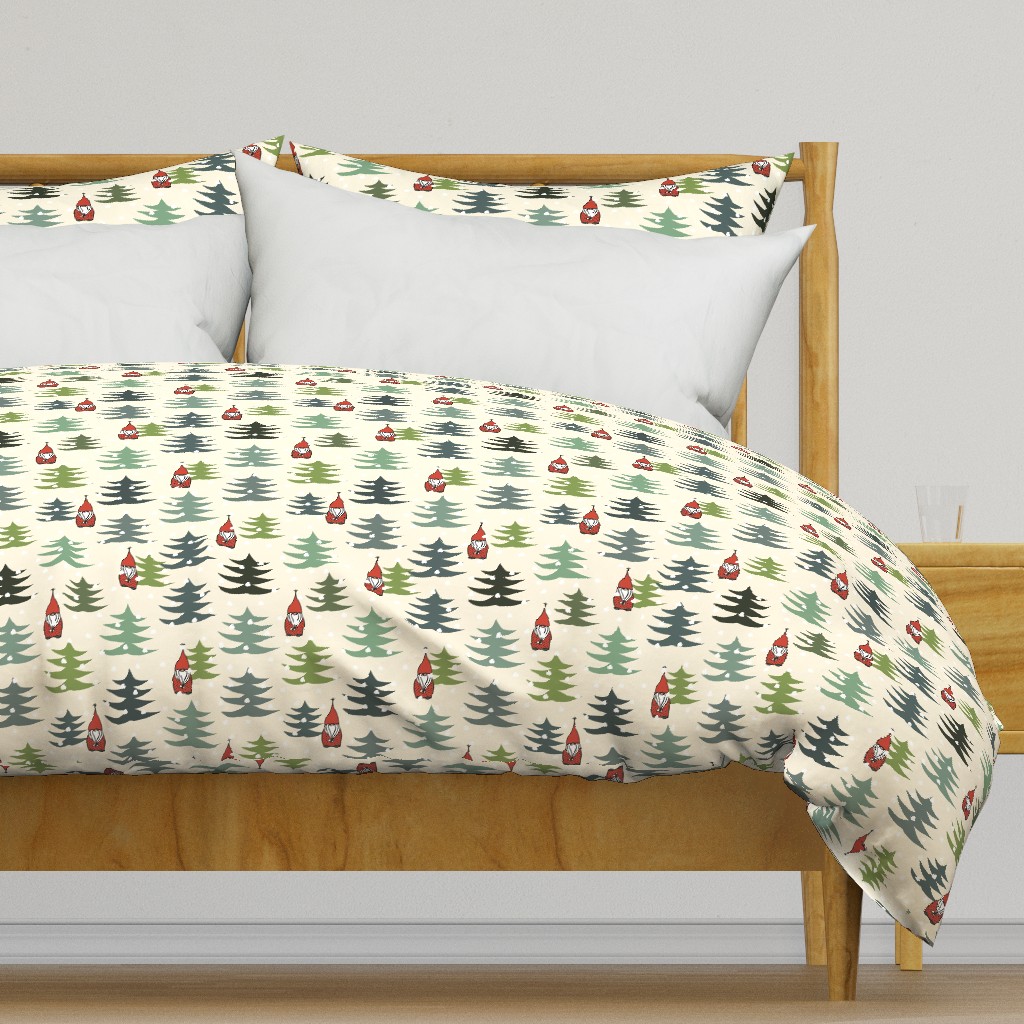 Christmas gnomes and trees on beige - medium