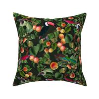 vintage tropical antique exotic toucan birds, green Leaves and  nostalgic colorful exotic figs and orange fruits, toucan bird, -night green