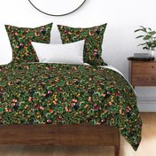 vintage tropical antique exotic toucan birds, green Leaves and  nostalgic colorful exotic figs and orange fruits, toucan bird, -night green