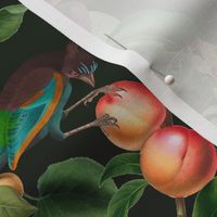 vintage tropical antique exotic toucan birds, green Leaves and  nostalgic colorful exotic figs and orange fruits, toucan bird, -night green