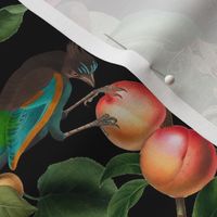 vintage tropical antique exotic toucan birds, green Leaves and  nostalgic colorful exotic figs and orange fruits, toucan bird, -black