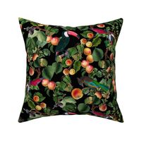 vintage tropical antique exotic toucan birds, green Leaves and  nostalgic colorful exotic figs and orange fruits, toucan bird, -black