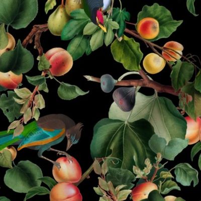 vintage tropical antique exotic toucan birds, green Leaves and  nostalgic colorful exotic figs and orange fruits, toucan bird, -black