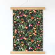 vintage tropical antique exotic toucan birds, green Leaves and  nostalgic colorful exotic figs and orange fruits, toucan bird, -black  double layer