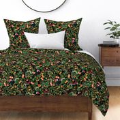 vintage tropical antique exotic toucan birds, green Leaves and  nostalgic colorful exotic figs and orange fruits, toucan bird, -black  double layer