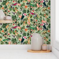 vintage tropical antique exotic toucan birds, green Leaves and  nostalgic colorful exotic figs and orange fruits, toucan bird, -light green
