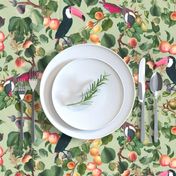 vintage tropical antique exotic toucan birds, green Leaves and  nostalgic colorful exotic figs and orange fruits, toucan bird, -light green