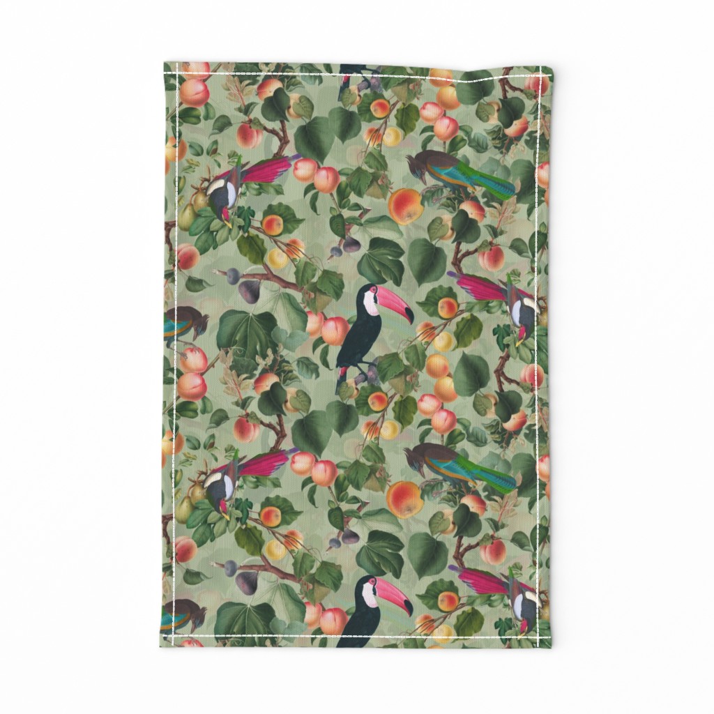 vintage tropical antique exotic toucan birds, green Leaves and  nostalgic colorful exotic figs and orange fruits, toucan bird, -light green  double layer