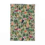 vintage tropical antique exotic toucan birds, green Leaves and  nostalgic colorful exotic figs and orange fruits, toucan bird, -light green  double layer