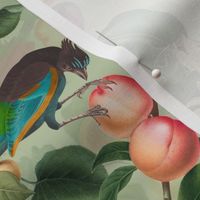 vintage tropical antique exotic toucan birds, green Leaves and  nostalgic colorful exotic figs and orange fruits, toucan bird, -light green  double layer