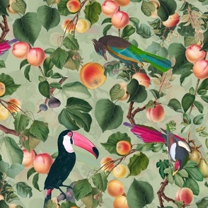vintage tropical antique exotic toucan birds, green Leaves and  nostalgic colorful exotic figs and orange fruits, toucan bird, -light green  double layer