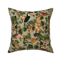 vintage tropical antique exotic toucan birds, green Leaves and  nostalgic colorful exotic figs and orange fruits, toucan bird, - sepia sage