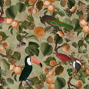 vintage tropical antique exotic toucan birds, green Leaves and  nostalgic colorful exotic figs and orange fruits, toucan bird, - sepia sage double layer