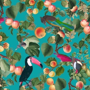 Tropical Flowers, Fruit and Birds Teal Tissue Paper