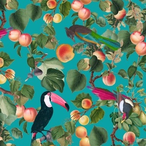 vintage tropical antique exotic toucan birds, green Leaves and  nostalgic colorful exotic figs and orange fruits, toucan bird, - turquoise