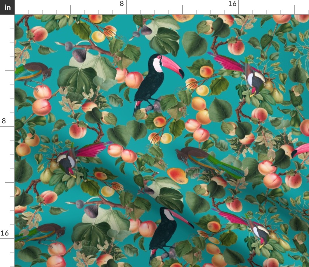 vintage tropical antique exotic toucan birds, green Leaves and  nostalgic colorful exotic figs and orange fruits, toucan bird, - turquoise