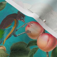 vintage tropical antique exotic toucan birds, green Leaves and  nostalgic colorful exotic figs and orange fruits, toucan bird, - turquoise double layer
