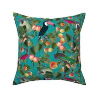vintage tropical antique exotic toucan birds, green Leaves and  nostalgic colorful exotic figs and orange fruits, toucan bird, - turquoise double layer