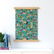 vintage tropical antique exotic toucan birds, green Leaves and  nostalgic colorful exotic figs and orange fruits, toucan bird, - turquoise double layer