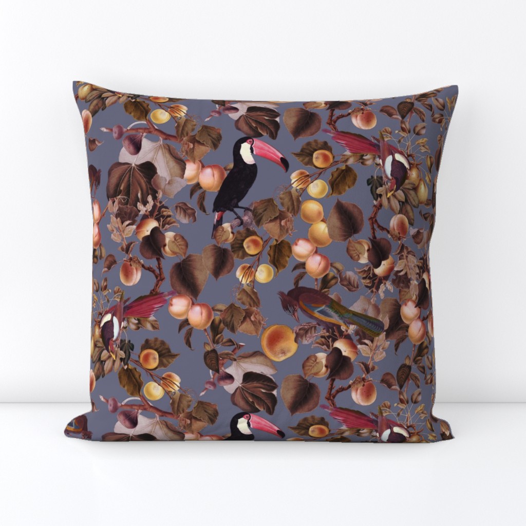 vintage tropical antique exotic toucan birds, green Leaves and  nostalgic colorful exotic figs and orange fruits, toucan bird, - sepia purple