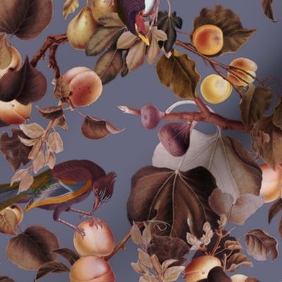 vintage tropical antique exotic toucan birds, green Leaves and  nostalgic colorful exotic figs and orange fruits, toucan bird, - sepia purple