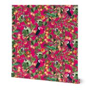 vintage tropical antique exotic toucan birds, green Leaves and  nostalgic colorful exotic figs and orange fruits, toucan bird, - magenta  